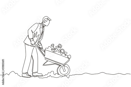 Continuous one line drawing happy businessman in suit pushing cart full of diamonds. Wheelbarrow with golds, jewelry, precious stone. Business, finance concept. Single line draw design vector graphic