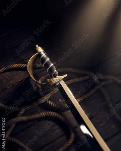 Fotografi high contrast image of a pirate's cutlass sword on a wood floor