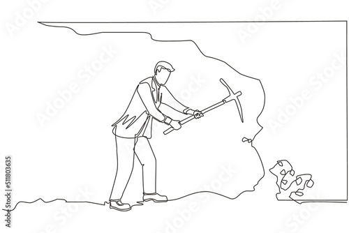 Single continuous line drawing businessman digging with pickaxe to get diamond. Worker digging and mining for diamond in an underground tunnel. Dynamic one line draw graphic design vector illustration