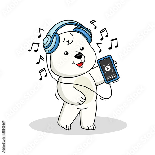 Cartoon illustration of a cute polar bear listening to music