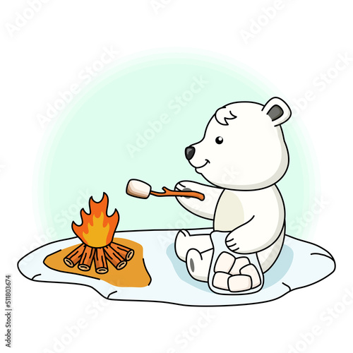 Cartoon illustration of cute polar bear roasting marshmallows