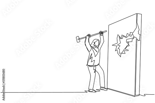 Single continuous line drawing Arabian businesswoman breaks and hitting wall with hammer. Achievement way for success. Breakthrough to goal. Leadership in business. Strong. One line draw design vector