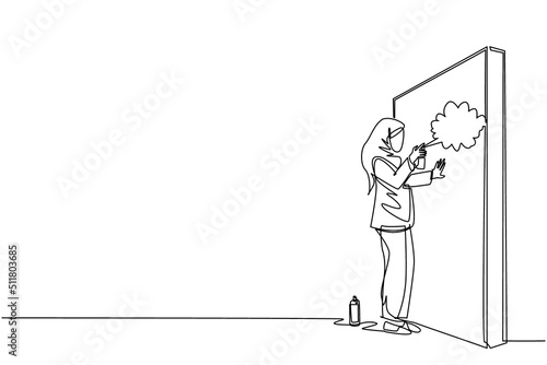 Continuous one line drawing Arabic businesswoman is painting profit graph on wall. Business and success metaphor concept. Allegory of career growth. Single line draw design vector graphic illustration