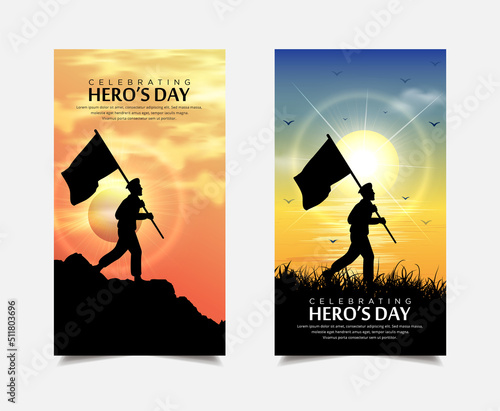 Elegant heroes day design template stories collection isolated on soldier hold flag and sunset background vector