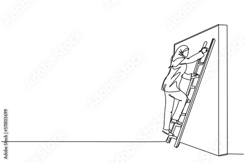 Continuous one line drawing Arab businesswoman climbing up the wall with ladder. Business obstacle metaphor. Symbol for career growth, finding creative solution. Single line draw design vector graphic