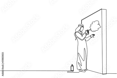 Single one line drawing Arab businessman is painting profit graph on the wall. Business and success metaphor concept. Allegory of career growth. Continuous line draw design graphic vector illustration