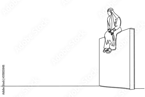 Continuous one line drawing Arab businessman sad sitting on wall thinking of profit loss, crisis and financial losses in the trading market. Evaluation business concept. Single line draw design vector