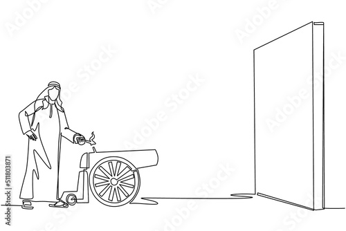 Single one line drawing Arabian businessman ignites cannon in front of wall and want to destroy. Starting new business company by destroying obstacles to reach goal. Continuous line draw design vector