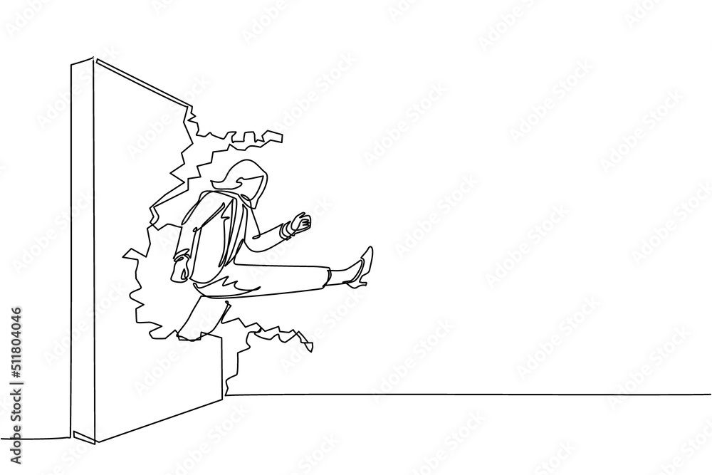 Fototapeta premium Single one line drawing businesswoman run and breaking through brick wall. Leadership concept. Business concept of obstacle and solution. Modern continuous line draw design graphic vector illustration