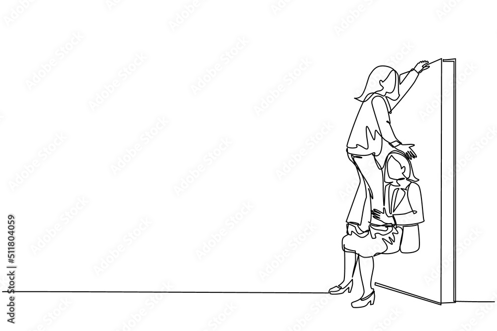 Single continuous line drawing businesswoman helping to lift another businesswoman over brick wall. Help, assistance and team concept. Business metaphor. One line graphic design vector illustration