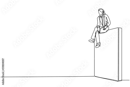 Single one line drawing businesswoman sad sitting on wall thinking of profit loss, crisis and financial losses in the trading market. Evaluation business concept. Continuous line draw design vector
