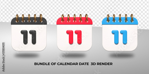 3d transparent calendar date 11 for meeting schedule, event schedule, vacation, work, school color black, red, blue