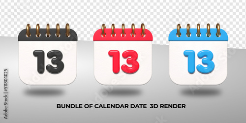 3d transparent calendar date 13 for meeting schedule, event schedule, vacation, work, school color black, red, blue
