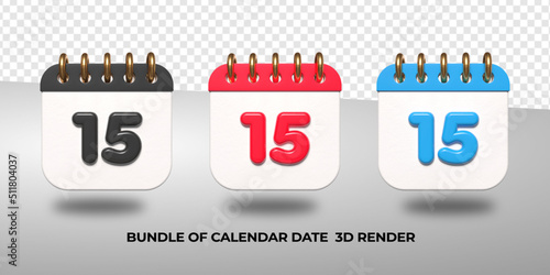 3d transparent calendar date 15 for meeting schedule, event schedule, vacation, work, school color black, red, blue