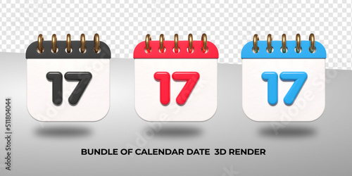 3d transparent calendar date 17 for meeting schedule, event schedule, vacation, work, school color black, red, blue