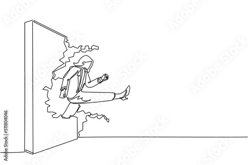 Single one line drawing businesswoman run and breaking through brick wall. Leadership concept. Business concept of obstacle and solution. Modern continuous line draw design graphic vector illustration