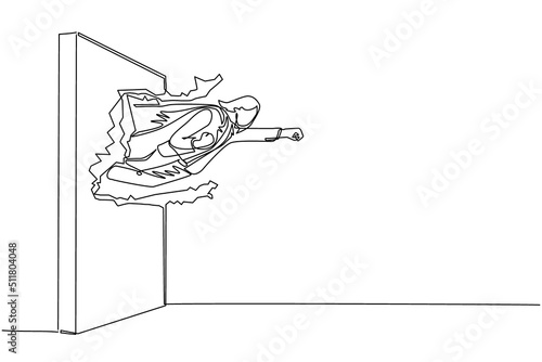 Single one line drawing super businesswoman punches and breaks wall. Flying man breaks the wall. Business concept power, success and overcome difficulties. Modern continuous line draw design vector
