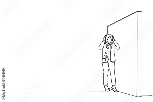 Single continuous line drawing cute businesswoman standing and confused in front of huge brick wall barriers. Scene for wrong business decision, mistake, deadlock. One line draw graphic design vector