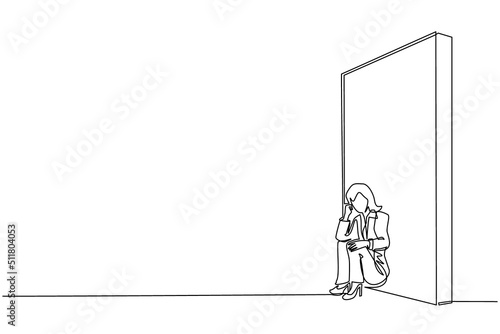 Continuous one line drawing upset businesswoman sitting on floor and lean against the wall. Business concept in failure, sad, lonely, bankruptcy or negative expression. Single line draw design vector
