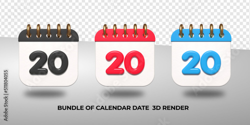 3d transparent calendar date 20 for meeting schedule, event schedule, vacation, work, school color black, red, blue