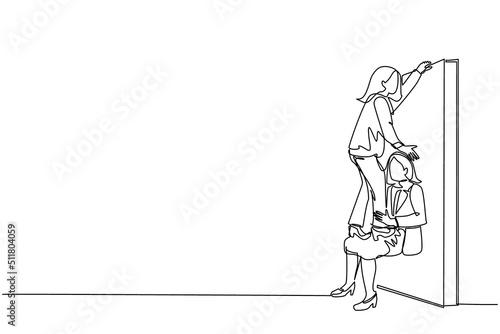 Single continuous line drawing businesswoman helping to lift another businesswoman over brick wall. Help, assistance and team concept. Business metaphor. One line graphic design vector illustration