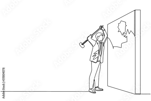 Single continuous line drawing businessman breaks and hitting wall with hammer. Achievement way for success. Breakthrough to goal. Leadership in business. Strong people. One line draw design vector