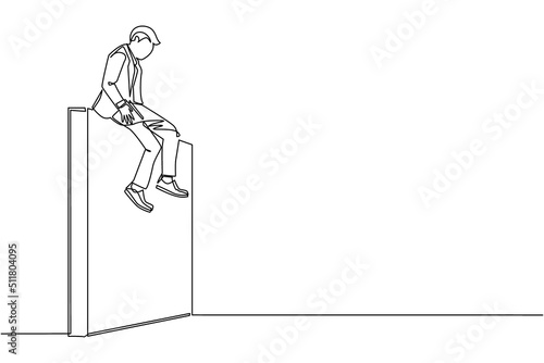 Continuous one line drawing businessman sad sitting on wall thinking of profit loss, crisis and financial losses in the trading market. Evaluation business concept. Single line draw design vector