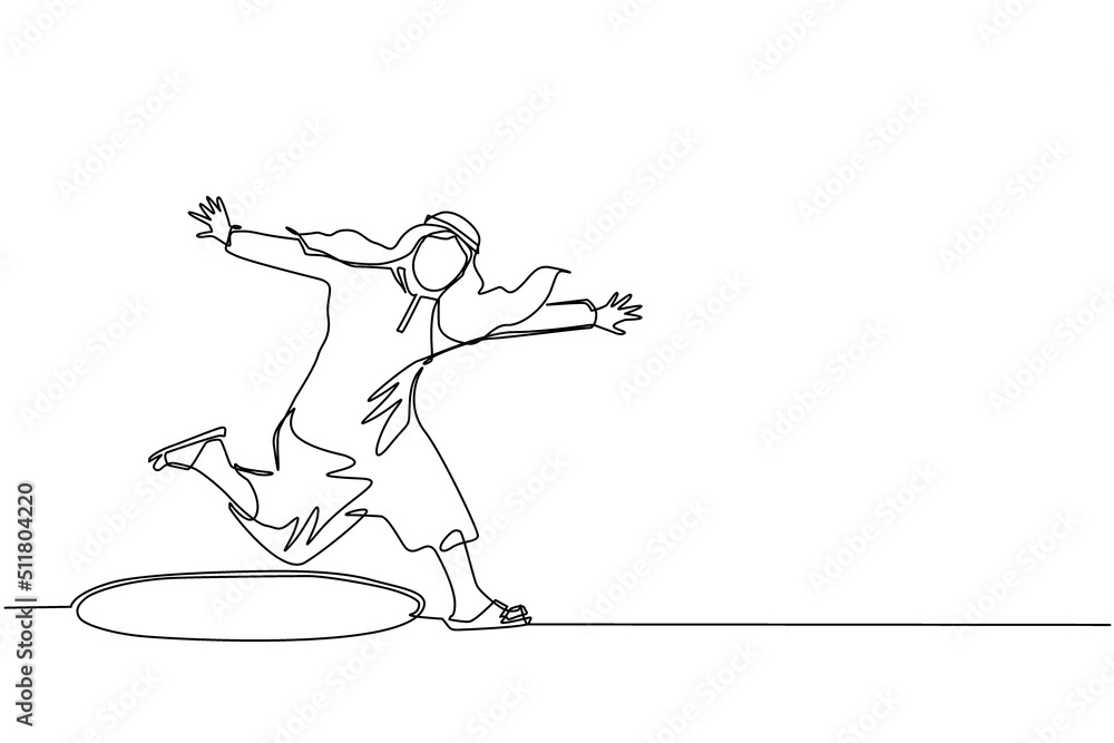 Continuous one line drawing Arabian businessman jumping through the hole, metaphor to facing big problem. Business struggles. Strength for success. Single line draw design vector graphic illustration Continuous one line drawing Arabian businessman jumping through the hole, metaphor to facing big problem. Business struggles. Strength for success. Single line draw design vector graphic illustration