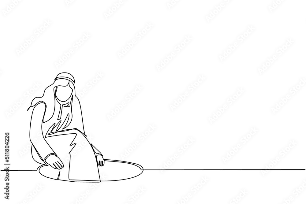 Single one line drawing Arab businessman descends into hole. Concept of failure to take advantage of business opportunities. Depressed and business failure concept. Continuous line draw design vector