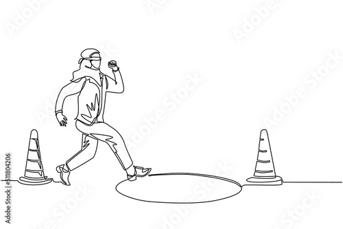 Single one line drawing blindfolded Arab businesswoman running to find money with pit hole. Woman runs to business trap. Blind investment concept. Metaphor. Continuous line draw design graphic vector