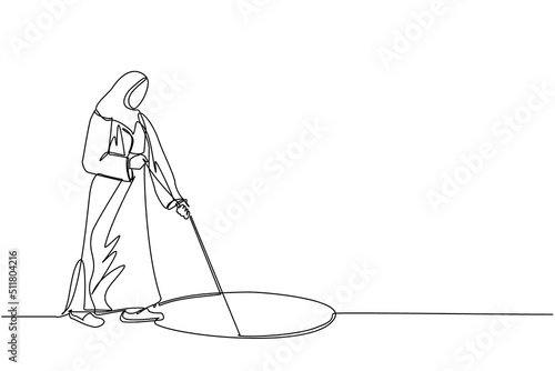 Continuous one line drawing Arab businesswoman stretch out rope into hole. Woman wondering, looking at big hole, business concept in opportunity, exploration, challenge. Single line draw design vector