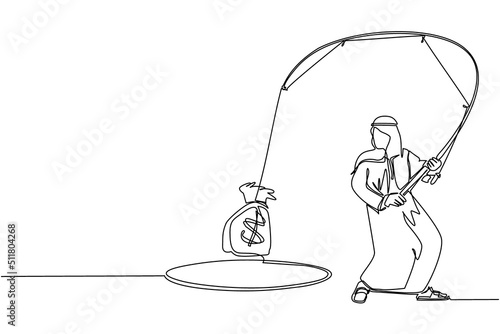 Single continuous line drawing Arabian businessman holding fishing rod got big money bag from hole. Man catching money bag with fishing rod. Business concept. One line draw design vector illustration