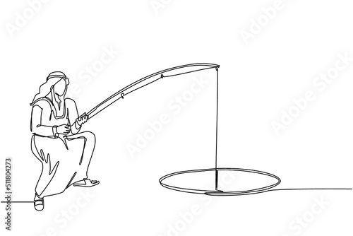Continuous one line drawing Arab businessman holding fishing rod from hole. Man fishing with rod. Business investment concept. Make money from idea. Single line draw design vector graphic illustration
