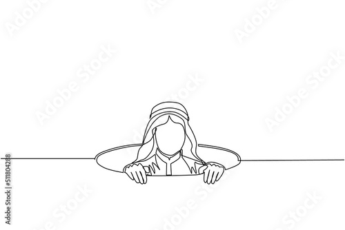 Single one line drawing Arabic businessman emerges from hole. Concept of failure to take advantage of business opportunities. Depressed and business failure. Continuous line draw design graphic vector