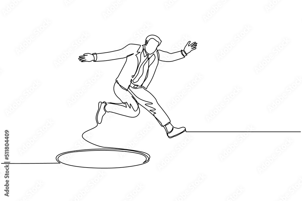 Single continuous line drawing businessman jumping through the hole, metaphor to facing big problem. Business struggles. Strength for success. Dynamic one line draw graphic design vector illustration