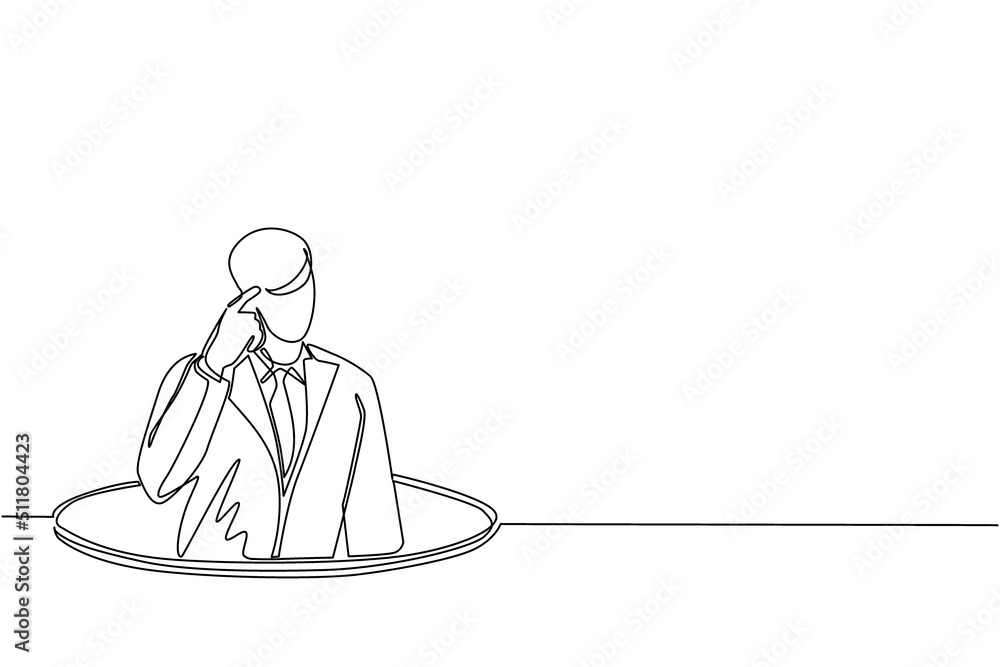 Single continuous line drawing confused businessman emerges from the hole. Depressed and business failure concept. Metaphor. Failure. Defeat. Dynamic one line draw graphic design vector illustration