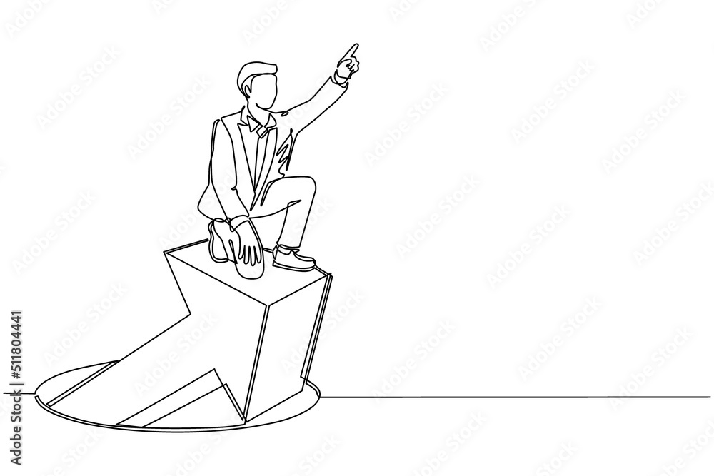 Single one line drawing businessman standing on arrows coming out of holes. Man leading financial graph rising from hole. Business growth concept. Modern continuous line draw design graphic vector