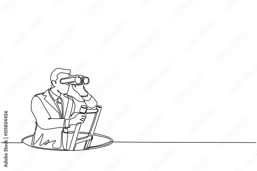 Single one line drawing businessman climbs out of the hole by ladder and using binocular. Business vision and solution concept. Symbol of challenge. Modern continuous line draw design graphic vector
