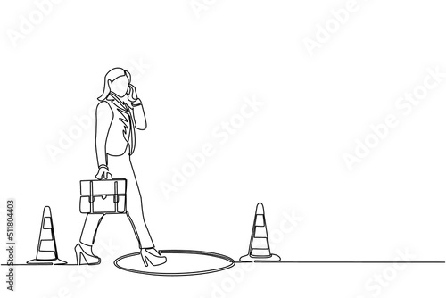 Single one line drawing businesswoman talking on cell phone and she does not see the hole in front. Woman walks to business trap. Metaphor. Modern continuous line design graphic vector illustration