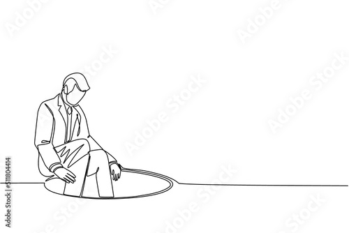 Single one line drawing businessman descends into the hole. Concept of failure to take advantage of business opportunities. Depressed and business failure concept. Continuous line draw design vector