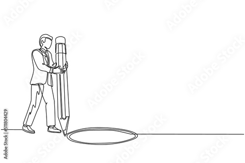 Single one line drawing man making circle of holes with large pencil. Business cheating businessman making hole trap. Metaphor. Failure. Defeat. Continuous line draw design graphic vector illustration