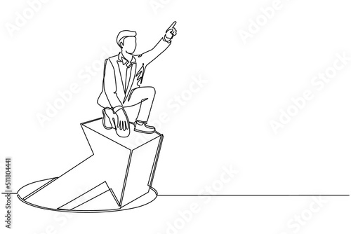 Single one line drawing businessman standing on arrows coming out of holes. Man leading financial graph rising from hole. Business growth concept. Modern continuous line draw design graphic vector