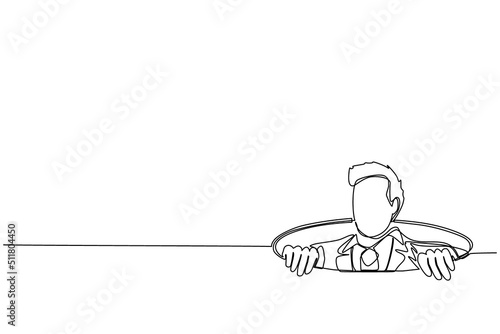 Single one line drawing businessman emerges from hole. Concept of failure to take advantage of business opportunities. Depressed and business failure. Continuous line draw design vector illustration