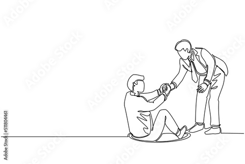 Single one line drawing businessman helping his friend by take him out from hole. Two men one of whom helps another. Business struggles. Modern continuous line draw design graphic vector illustration