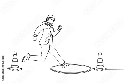Continuous one line drawing blindfolded businessman running to find money with pit hole. Man runs to business trap. Blind investment concept. Metaphor. Single line design vector graphic illustration