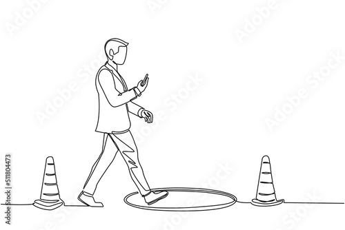 Single one line drawing businessman character going on street watching by smart phone and did not see open manhole. Man walks to business rap. Continuous line draw design graphic vector illustration
