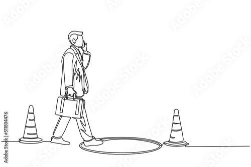 Single one line drawing businessman talking on cell phone and he does not see the hole in front. Man walks to business trap. Metaphor. Modern continuous line draw design graphic vector illustration
