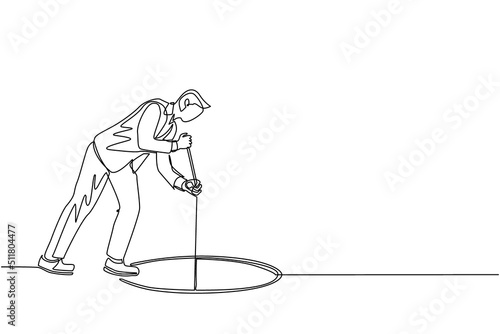 Continuous one line drawing businessman stretch out rope into hole. Man wondering and looking at the big hole, business concept in opportunity, exploration or challenge. Single line draw design vector