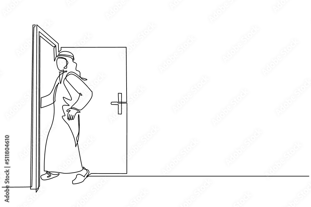 Single one line drawing Arabian businessman enters room through door. Man walking to opened door. Starting new day at office. Business concept. Continuous line draw design graphic vector illustration Single one line drawing Arabian businessman enters room through door. Man walking to opened door. Starting new day at office. Business concept. Continuous line draw design graphic vector illustration