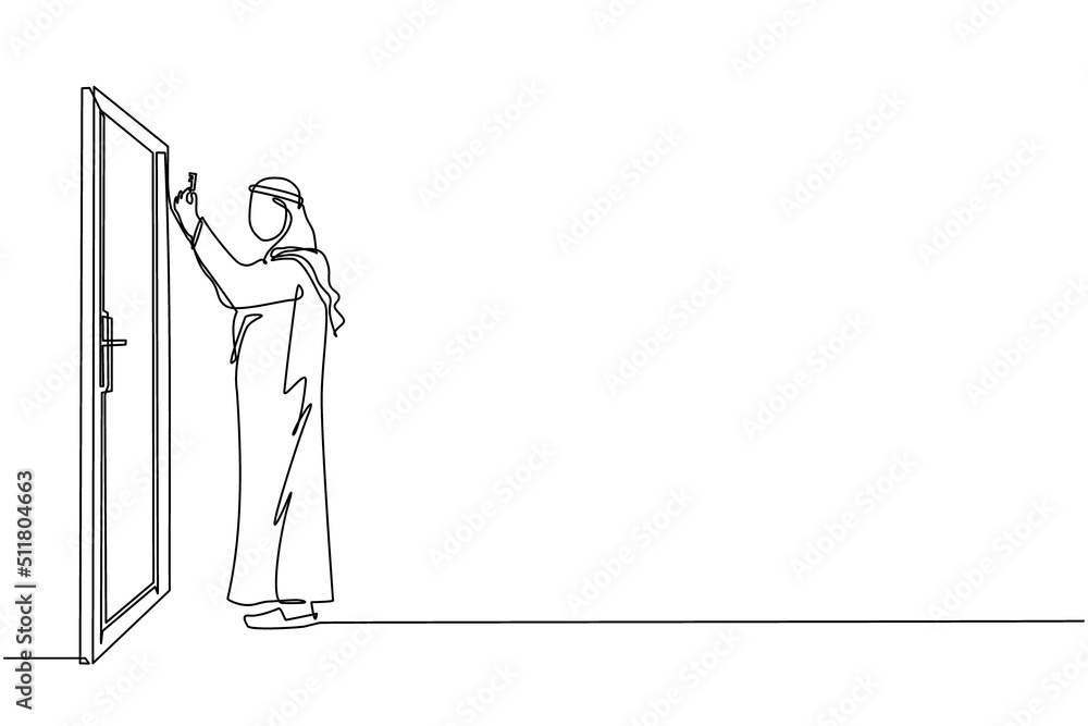 Continuous one line drawing Arabian businessman lifts key in front of door. Man holding key to open office room door. Starting morning with spirit to work. Single line draw design vector illustration Continuous one line drawing Arabian businessman lifts key in front of door. Man holding key to open office room door. Starting morning with spirit to work. Single line draw design vector illustration